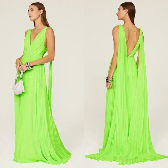 ML Monique Lhuillier Draped Pleated Dress Sleeveless Maxi Gown Neon Green Size 0 - Picture 1 of 13